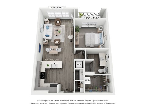 Floor plan for 1 bed, 1 bath, 766 sqft